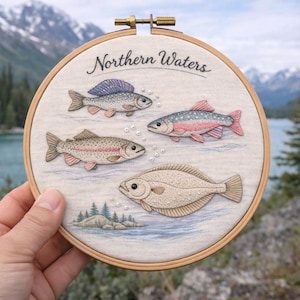 Puede incluir: Arte de aro bordado con cuatro diseños de peces y el texto "Northern Waters". Los peces son en tonos grises, rosas y azules, con una escena de agua azul claro y gris. El bordado está en un aro de madera.