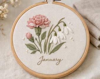 January Birth Flower Embroidery Pattern - Carnation & Snowdrop (PDF)