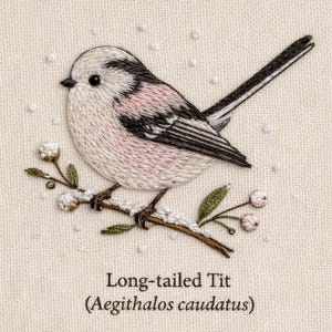 Może przedstawiać: Haftowany obrazek ptaka Sikory z długim ogonem siedzącego na gałęzi. Ptak ma białą głowę z czarnymi oznaczeniami, różową pierś i czarno-biały ogon. Gałąź ma zielone liście i białe akcenty, z tekstem "Long-tailed Tit (Aegithalos caudatus)" poniżej.