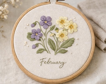 February Birth Flower Embroidery Pattern - Violet & Primrose (PDF)