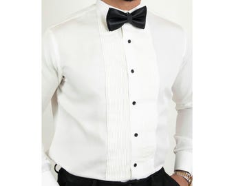 Tuxedo Shirt Wingtip Collar Narrow Straight Line Front - White Cotton-Mens Formal Shirt