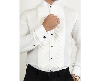 Men's W-Shape Bib Tuxedo Shirt - White Cotton French Cuff