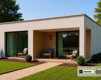 2 Bedroom 2 Bathroom Bungalow Villa House Plan | Modern Home Floor Plan Drawing with Living Room, Kitchen | Printable Architectural Design