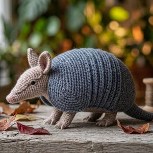 May include: A handcrafted crochet armadillo in grey and tan. The armadillo features a textured, ribbed shell and is positioned on a wooden surface with fallen leaves. The ears, snout, and legs are tan, while the shell is grey.