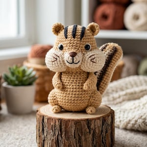May include: A crocheted squirrel figurine in shades of tan and cream, with black stripes on its head and tail. The handmade plushie sits on a small wooden slice, showcasing its detailed features. The background includes yarn and a small potted plant.
