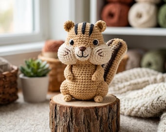Patrón de amigurumi de ardilla listada a crochet, patrón de animal a crochet fácil, peluche de ardilla en PDF, tutorial de amigurumi para principiantes.
