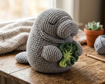 Patrón de ganchillo de Mango el Manatí, PDF de vaca marina amigurumi, tutorial de peluche regordete, tutorial de peluche DIY para principiantes, vida marina dormilona
