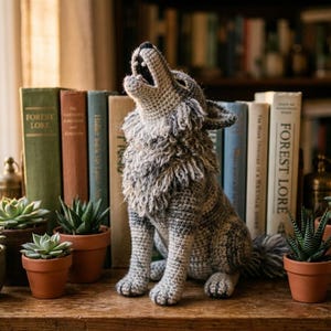 Könnte beinhalten: Eine gehäkelte Wolfsfigur in Grau- und Weißtönen sitzt mit offenem Maul auf einer Holzoberfläche. Umgeben ist sie von kleinen Topf-Sukkulenten und alten Büchern. Die Szene strahlt eine gemütliche, rustikale Ästhetik aus.