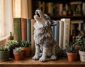 Patrón de ganchillo de lobo aullador - Amigurumi de lobo del bosque realista - Tutorial de peluche de nivel intermedio - Decoración DIY de lobo gris - Descarga en PDF