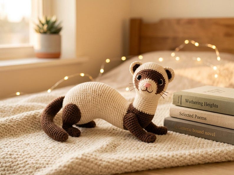 Puede incluir: Un juguete de hur&oacute;n tejido a ganchillo en crema y marr&oacute;n, con nariz rosa y bigotes negros, descansa sobre una manta texturizada. El animal de peluche hecho a mano est&aacute; cerca de una pila de libros, lo que sugiere un tema literario y acogedor. El hur&oacute;n mide unos 30 cm de largo.