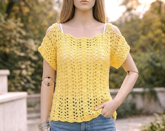 Patrón de blusa festoneada de crochet amarilla para mujer / Blusa de encaje de manga corta de verano para principiantes / Camisa de malla talla S a 2XL, regalo para ella