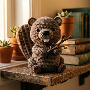 May include: A handmade brown crochet beaver doll with a branch in its paws. The beaver has a large tail, small ears, and two front teeth. It sits on a wooden shelf next to potted succulents and a stack of books. The overall aesthetic is cozy and rustic.