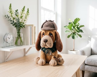 Patrón de ganchillo Amigurumi de Basset Hound Detective en PDF, Peluche de perro detective, Sombrero de cazador, Pañuelo a cuadros, Lupa