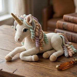 Puede incluir: Un unicornio de ganchillo de color crema con un cuerno dorado y una melena y cola multicolores. El unicornio está tumbado sobre una mesa de madera. Una lupa y varios libros antiguos también están sobre la mesa.