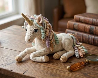 Realistisches liegendes Einhorn Häkelmuster PDF, Rainbow Amigurumi Einhorn PDF, Pastell Mähnenschwanz, Anfängerfreundliches Pony Muster, 11-Zoll-Einhorn