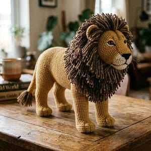 Virkmönster för realistiskt amigurumi-lejon i PDF-format | Stående lejon med garnman | Enkelt steg för steg | Gosedjur direkt nedladdning