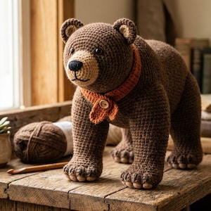 May include: A handcrafted, brown crochet bear with a tan muzzle and ears, wearing an orange scarf. The bear is standing on a wooden surface. A ball of yarn, a crochet hook, and a small potted plant are also visible.