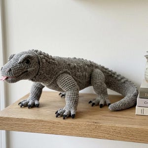 Puede incluir: Un juguete de dragón de Komodo gris tejido a ganchillo con una lengua rosa, garras negras y escamas detalladas. El reptil hecho a mano está posado en una estantería de madera. Una planta suculenta en una maceta de cerámica y libros están en el fondo.