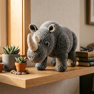 May include: A gray crocheted rhinoceros figurine with a cream-colored horn stands on a wooden shelf. Two small potted succulents and a terracotta pot are next to the rhino. The shelf is near a window.