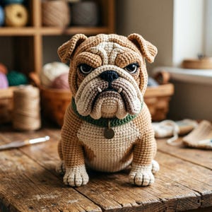 May include: A crocheted bulldog figurine in tan and white, with a green collar and a small tag. The dog has a serious expression and is sitting on a wooden surface. Crochet hooks and yarn are in the background.