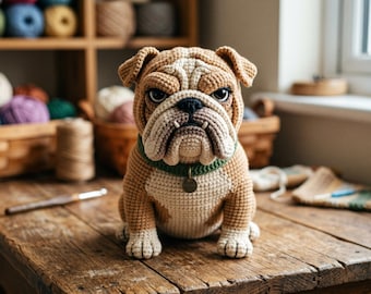 Patrón PDF de amigurumi de bulldog realista, perro de ganchillo con pliegues faciales, peluche PDF, bulldog inglés suave para hacer tú mismo, regalo de decoración para guardería