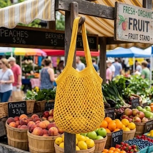 May include: A bright yellow crochet market bag with a diamond-shaped net pattern and two long shoulder straps, hanging from a wooden post at a fruit stand filled with various baskets of fresh peaches, apples, oranges, and blueberries.