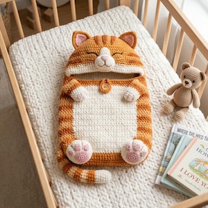 May include: A handmade orange and white crochet cat-shaped baby sleeping bag with a button closure. The sleeping bag is inside a wooden crib, with a small crochet teddy bear and children's books nearby. The cat's face and paws are detailed.