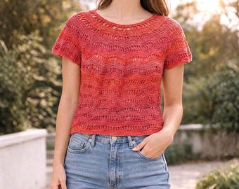 Patrón de blusa de encaje de crochet rojo para mujer - Blusa de malla ondulada de manga corta - Camiseta de punto - Camisa ligera de verano - Blusa hecha a mano estilo retro de los años 70
