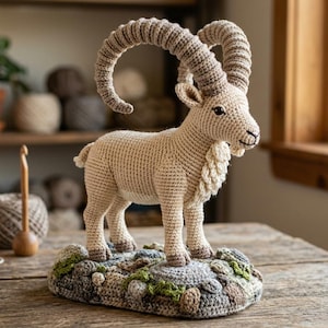 Puede incluir: Escultura de ganchillo de un macho montés con grandes cuernos curvados. La cabra es de color beige y se encuentra sobre una base de ganchillo con rocas y vegetación. La escultura está sobre una mesa de madera.