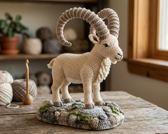 Patrón de ganchillo de cabra montés, tutorial de amigurumi de cabra alpina, ganchillo de fauna realista, patrón de markhor con cuernos y base rocosa