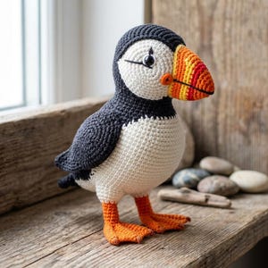Könnte beinhalten: Ein gehäkeltes Papageientaucherspielzeug mit schwarzem Kopf und Flügeln, weißem Körper und orange-gelbem Schnabel und Füßen. Der Papageientaucher steht auf einer Holzoberfläche in der Nähe eines Fensters.
