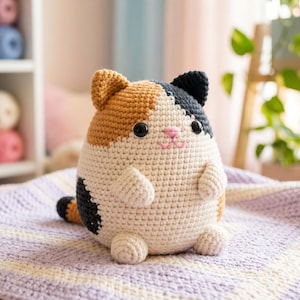 May include: A crocheted cat doll in a calico pattern. The cat has a white body, tan and black patches, and a pink stitched mouth. It sits on a striped lavender and white blanket. The doll is handmade.