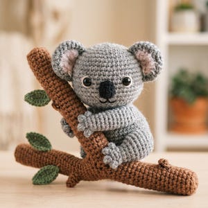 Koala Amigurumi Mönster, Virkad Koalabjörn PDF, Nybörjarmönster för Koala Plysch, Enkelt Virkat Djur, Koala på Gren Mönster, Direkt DIY PDF