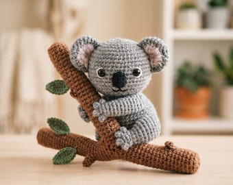 Patrón de amigurumi de koala, PDF de koala a crochet, patrón de peluche de koala para principiantes, animal de crochet fácil, patrón de koala en una rama, PDF para hacer tú mismo al instante