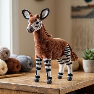 May include: A handcrafted crochet okapi figurine. The okapi has a brown body, white and black striped legs, and large ears. It is standing on a wooden surface. Yarn and a crochet hook are in the background.