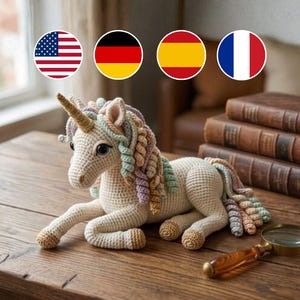 Patrón Crochet Unicornio Acostado PDF, Amigurumi Arcoíris, Melena y Cola Pastel, Patrón Principiante, Unicornio 28 cm