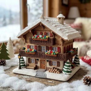 Könnte beinhalten: Ein gehäkeltes Haus im Chalet-Stil mit einem schneebedeckten weißen Dach, braunen Wänden und dunkelbraunen Balkonen. Das Gebäude verfügt über rote Fensterläden, kleine Fenster, Blumenkästen mit bunten Blumen und einen Stapel Holzscheite.