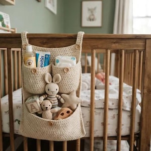 May include: A beige crochet hanging organizer with two top pockets and one large bottom pocket, secured to a wooden crib. The pockets contain a bottle, a tube of Desitin, baby wipes, a stuffed rabbit, a teddy bear, a star, a block, and a toy.