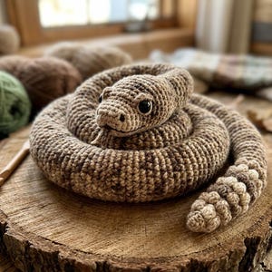 May include: A crocheted snake toy in shades of brown and tan, coiled on a wooden slice. The snake has black eyes and a detailed pattern. A crochet hook and yarn balls are in the background. A handmade, soft toy.