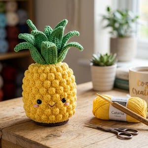 May include: A handcrafted yellow crochet pineapple with a green leafy top and a smiling face. A ball of yellow yarn, a crochet hook, and scissors are on a wooden table. A mug with "Cozy Creations" is also on the table.