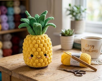 Ananas Häkelanleitung, Kawaii Amigurumi PDF, anfängerfreundliches Obst Plushie, Bobble Stitch häkeln, Happy Pineapple DIY Digital Anleitung