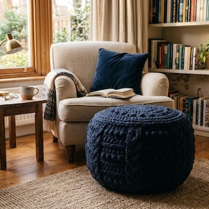 Chunky Crochet Pouf Pattern PDF, Navy Blue Rope Floor Ottoman, T-Shirt Yarn Beginner, Boho Cozy Living Room Decor Instant Download