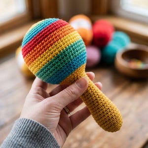 Pode incluir: Uma maraca de crochê feita à mão com um esquema de cores do arco-íris. A cabeça redonda da maraca apresenta faixas de vermelho, laranja, amarelo, verde e azul. A alça é de cor amarela sólida. Outros brinquedos de crochê coloridos estão no fundo.