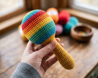 Patrón de maracas de ganchillo arcoíris, sonajero amigurumi, patrón de ganchillo para principiantes, idea de regalo para baby shower, PDF de instrumento de ganchillo colorido
