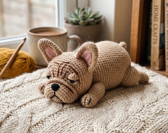 Patrón de amigurumi de bulldog francés a crochet en PDF, Frenchie dormilón, apto para principiantes, juguete de peluche para perros, descarga instantánea, amigurumi de bulldog DIY