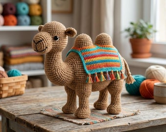 Patrón de ganchillo de camello bactriano, PDF de animal amigurumi, peluche de vagabundo del desierto, patrón de peluche de camello de dos jorobas, ganchillo fácil para principiantes
