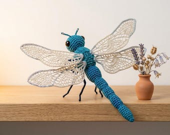 Crochet Dragonfly Pattern PDF, Realistic Amigurumi Insect Tutorial, Lace Wings Crochet Pattern, Teal Dragonfly Tutorial, Fiber Art Ornament