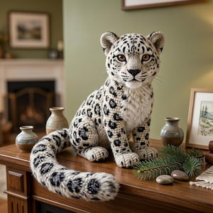 Realistisk snöleopard virkmönster - Amigurumi-mönster - Stor sittande leopardskulptur - Virkningshandledning för djur - DIY-djurkonst