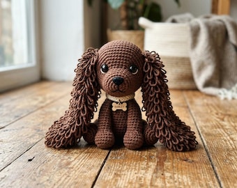 Patrón de amigurumi de cocker spaniel a crochet en PDF, patrón realista de perro amigurumi, muñeco spaniel con orejas de lazo, ideal para principiantes, descarga instantánea.