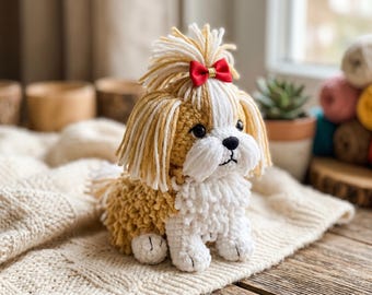 Realistischer Shih Tzu Häkelanleitung, einfacher Amigurumi sitzender Hund mit roter Schleife, Schritt-für-Schritt PDF, anfängerfreundliche Anleitung für flauschigen Hund